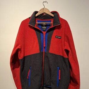 Columbia Red and Blue Fleece Sweater Jacket, Mens Large